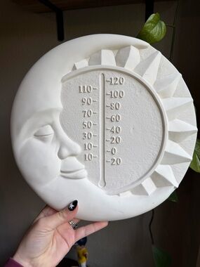 Vintage 90s White Ceramic Sun & Moon Wall Thermometer Project Decor